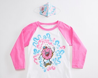 Skater Doughnut Unisex Youth Raglan + Unisex Youth Mask Matching Set. White/Pink Triblend baseball tee. Cotton mask for boys and girls.