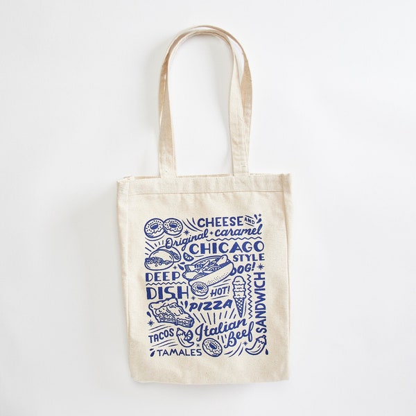 Chicago Sign cotton canvas tote bag. Popular Chicago Foods, hot dog, deep dish pizza, Midwest, market eco-friendly bag