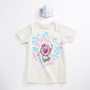 Skater Doughnut Unisex Tee + Unisex Youth Mask Matching Set.  Heather Natural Triblend kids tee. Cotton mask for boys and girls.