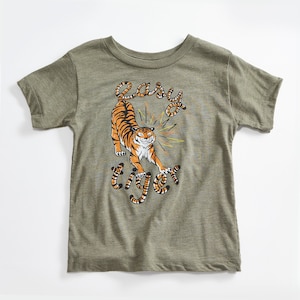 Easy Tiger Vintage Unisex Toddler T-Shirt. Olive Green Kids Triblend Tee with Tiger. Shirt for Boys and Girls. Made in USA