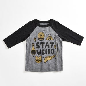 Stay Weird Heather Grey/Black Raglan Kids T-Shirt. 3/4 length baseball child tee. Spooky, magic shirt for Boys and Girls