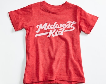 Midwest Kid Kids Triblend Red T-shirt. Vintage Unisex Toddler Shirt. Midwestern pride, tee for girls, boys.