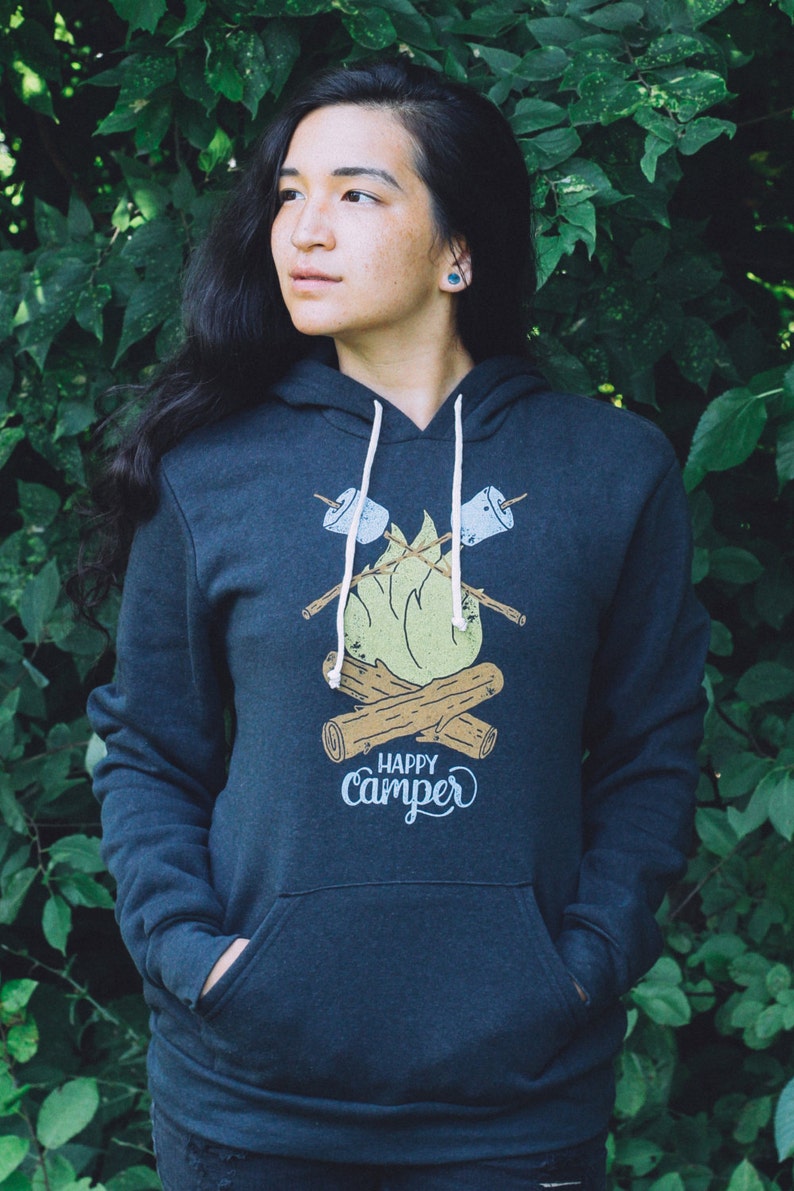 Happy Camper Vintage Adult Hoodie. Unisex Fit Black Triblend Sweatshirt with campfire. Celebrates Wilderness and Camping. image 2