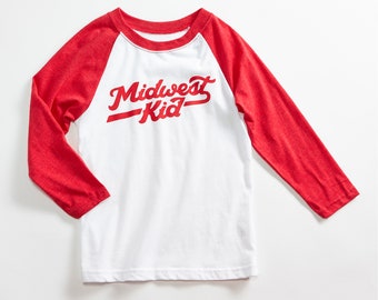 Midwest Kid Vintage Unisex Kids Raglan T-Shirt. White/Red Triblend 3/4 length baseball kids tee. Shirt for Boys and Girls