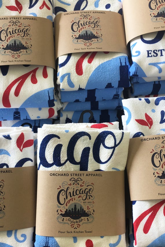 Chicago Flourish City By The Lake flour sack towel. Illinois, midwest, tea towel made in the USA with eco-friendly inks.