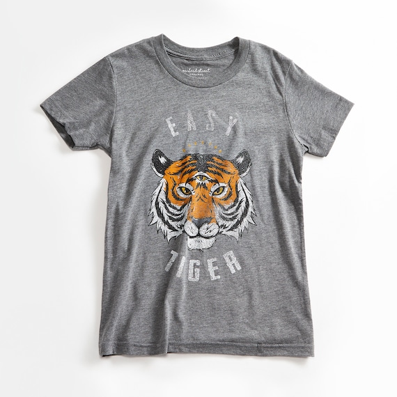 Easy Tiger Vintage Unisex Youth T Shirt. Heather Grey Kids Triblend Tee with Tiger. Shirt for Boys and Girls. Made in USA