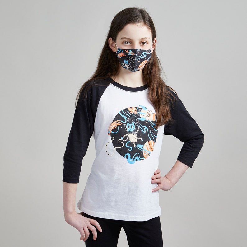 Space Cat Unisex Youth Raglan Youth Mask Matching Set. White/Black Triblend 3/4 length baseball kids tee. Cotton mask for boys girls. image 2