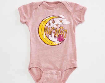 Chicago Moon Heather Mauve Infant Bodysuit. Chicago pride baby one piece, new baby gift.