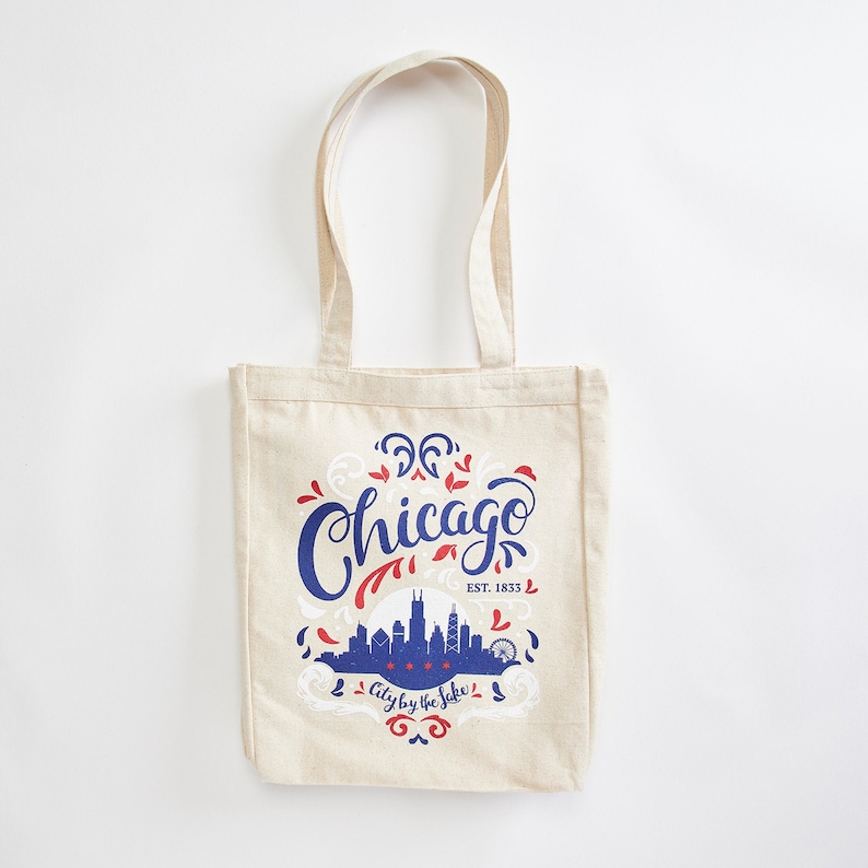 Chicago City By The Lake market tote. Illinois, midwest, canvas tote made in the USA with eco-friendly inks. image 1