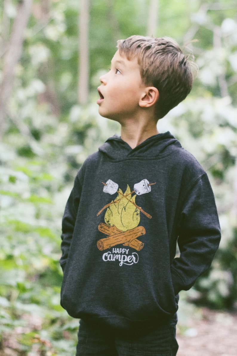 Happy Camper Vintage Kids Hoodie. Unisex Black Toddler Triblend Sweatshirt with campfire and marshmallows. Celebrates Wilderness. image 2