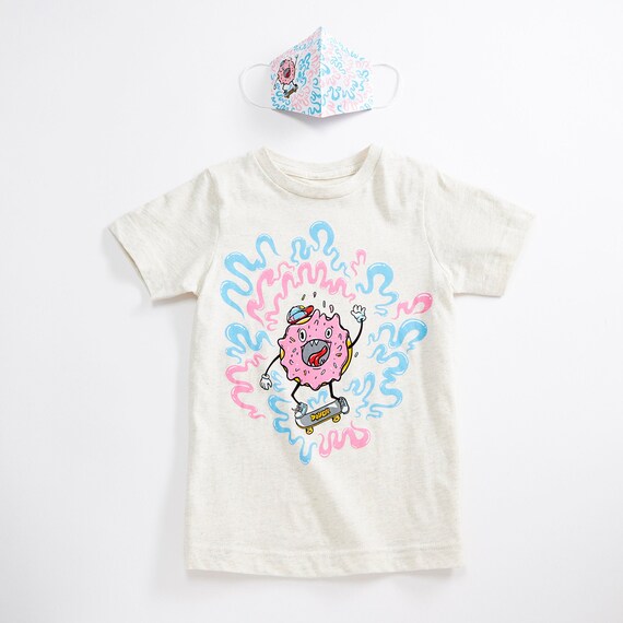 Skater Doughnut Unisex Tee + Unisex Youth Mask Matching Set.  Heather Natural Triblend kids tee. Cotton mask for boys and girls.