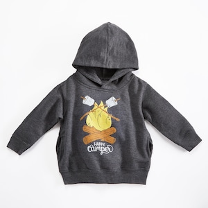 Happy Camper Vintage Kids Hoodie. Unisex Black Toddler Triblend Sweatshirt with campfire and marshmallows. Celebrates Wilderness.