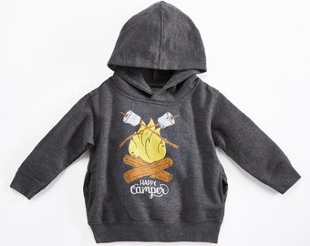 Happy Camper Vintage Kids Hoodie. Unisex Black Toddler Triblend Sweatshirt with campfire and marshmallows. Celebrates Wilderness.
