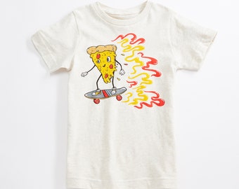 Skater Pizza Unisex Kids T-Shirt. Natural Heather Youth tee. Shirt for Boys and Girls