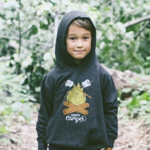 Happy Camper Vintage Kids Hoodie. Unisex Black Toddler Triblend Sweatshirt with campfire and marshmallows. Celebrates Wilderness. image 3