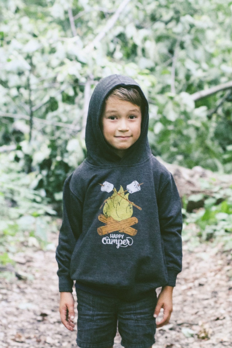 Happy Camper Vintage Kids Hoodie. Unisex Black Toddler Triblend Sweatshirt with campfire and marshmallows. Celebrates Wilderness. image 3