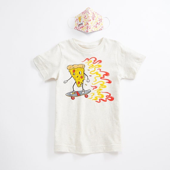 Skater Pizza Unisex Tee + Unisex Youth Mask Matching Set.  Heather Natural Triblend kids tee. Cotton mask for boys and girls.