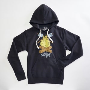 Happy Camper Vintage Adult Hoodie. Unisex Fit Black Triblend Sweatshirt with campfire. Celebrates Wilderness and Camping. image 1