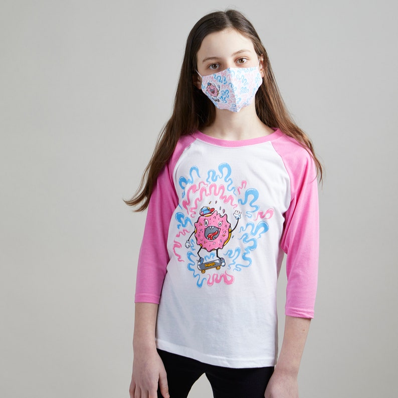 Skater Doughnut Unisex Youth Raglan Unisex Youth Mask Matching Set. White/Pink Triblend baseball tee. Cotton mask for boys and girls. image 2