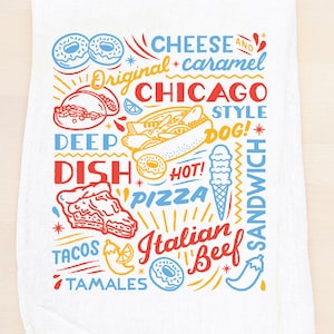 Chicago Sign ręcznik z worka na mąkę. Jedzenie, napoje, Illinois, hot dog, włoska kanapka, głęboka pizza, ściereczka do herbaty wyprodukowana w USA z ekologicznymi tuszami.