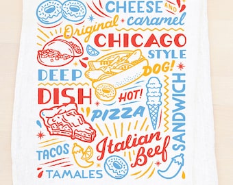 Chicago Sign flour sack towel. Food drinks, Illinois, hot dog Italian sub deep dish pizza, tea towel made in the USA with eco-friendly inks.