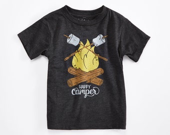 Happy Camper Vintage Kids T-Shirt. Unisex Grey Black Toddler Triblend Tee with campfire and marshmallows. Celebrates Wilderness.