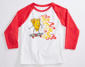 Skater Pizza Unisex Kids Raglan T-Shirt. White/Red Triblend 3/4 length baseball kids tee. Shirt for Boys and Girls