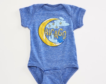 Chicago Moon Heather Blue  Infant Bodysuit. Chicago pride baby one piece, new baby gift.