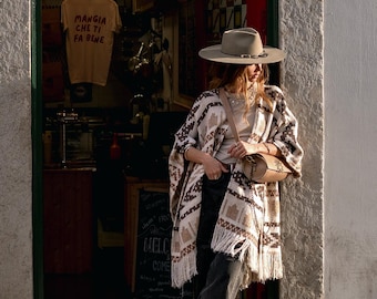 Beige Ethnic Wool Poncho with Fringe – Unisex Boho Cape — by MockniWear