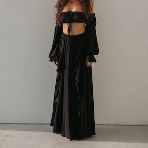 Luna Black Maxi Skirt with Ruffles – Flowing Viscose Long Skirt High Waist