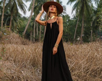 Divine Black Wide Maxi Dress – Open Back Adjustable Flared Dress