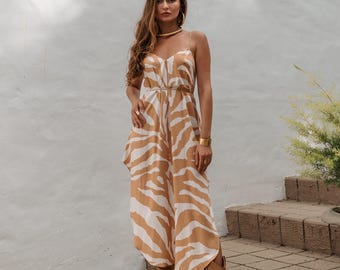 Vestido lencero midi de cebra naranja con estampado animal y espalda descubierta de viscosa de MockniWear