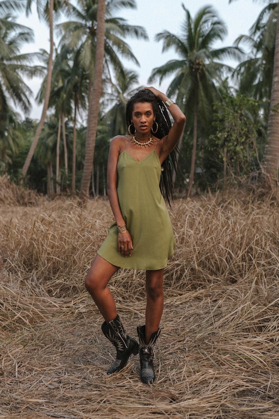 Olive Mini Slip Dress - Open Back Viscose - by MockniWear Olive Mini Slip Dress - Open Back Viscose - by MockniWear