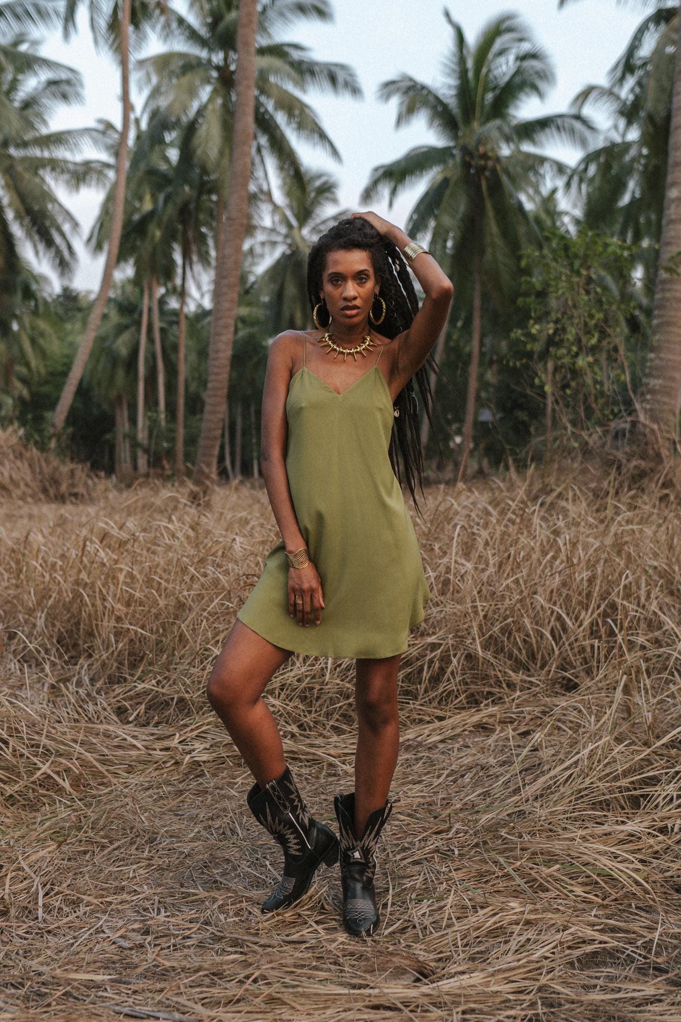 slim fit dress slacks Olive midi satin slip dress 'Majestic' main image 0