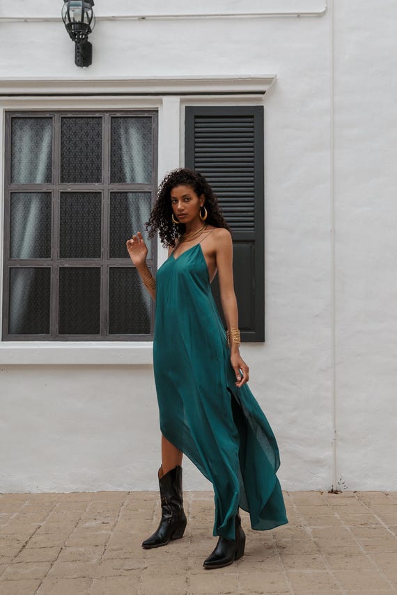 summer maxi slip dress Turquoise Maxi Slip Dress - Open Back Viscose