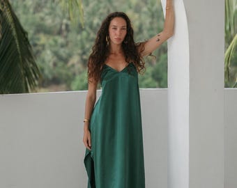Maxi Turquoise Slip Dress – Silky Viscose Long Dress with Side Slit