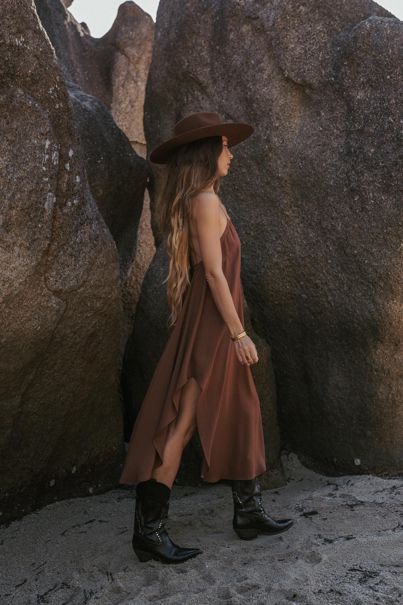 brown midi slip dress Satin Cowl Slip Wrap Midi Dress Rust Brown