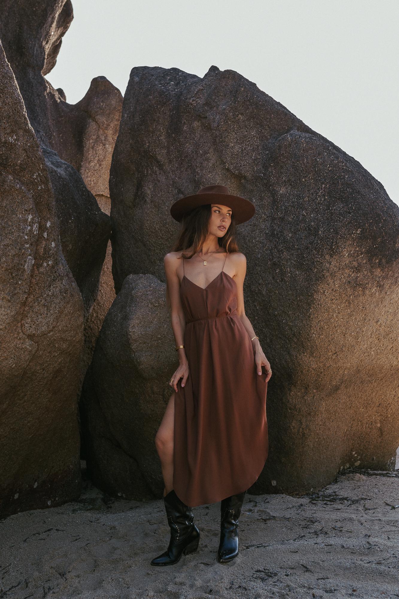 brown midi slip dress Chocolate brown midi satin slip dress 'Majestic' Serena Silueta