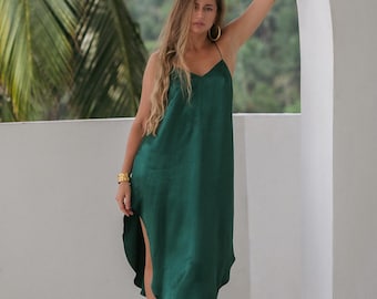 Robe nuisette midi turquoise – Robe d'été en viscose soyeuse avec fente latérale