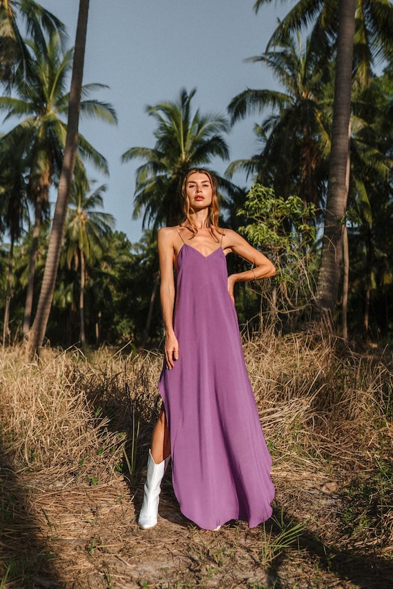 Purple Maxi Slip Dress - Open Back Viscose - by MockniWear Purple Maxi Slip Dress - Open Back Viscose - by MockniWear