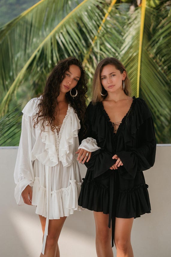 aeris lace ruffled layered dress White Maxi Kaftan – Viscose Long Dress With Ruffles and Bell Sleeves White
