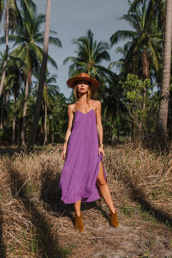 fitted lace wedding dress Rhea Purple Satin Strapless Maxi Dress - US 14