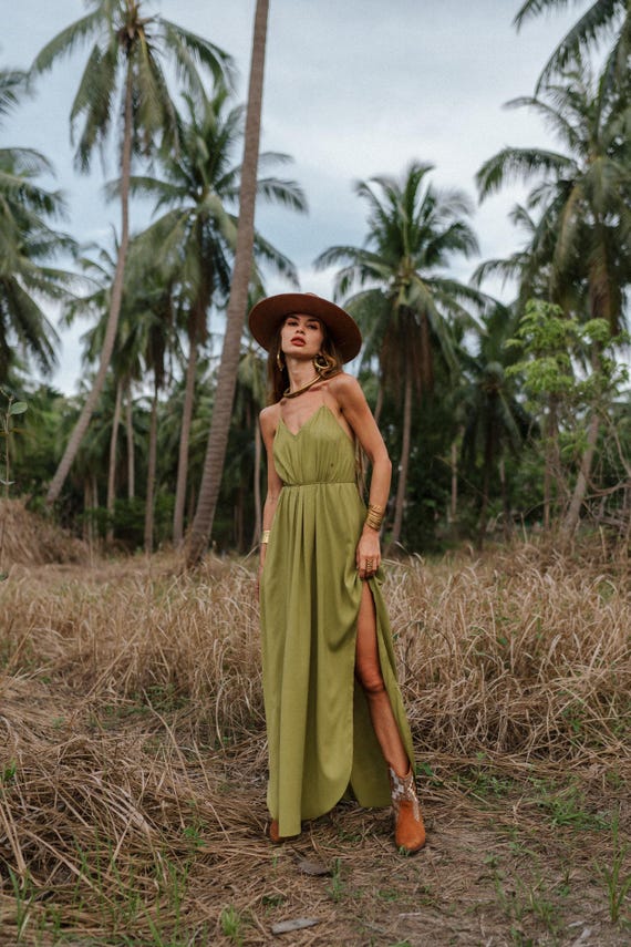 Olive Maxi Slip Dress - Open Back Viscose - by MockniWear