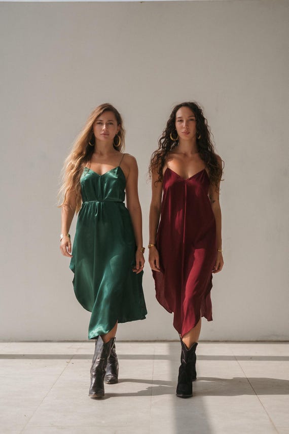 Midi Turquoise Slip Dress - Silky Viscose Summer Dress with Side Slit
