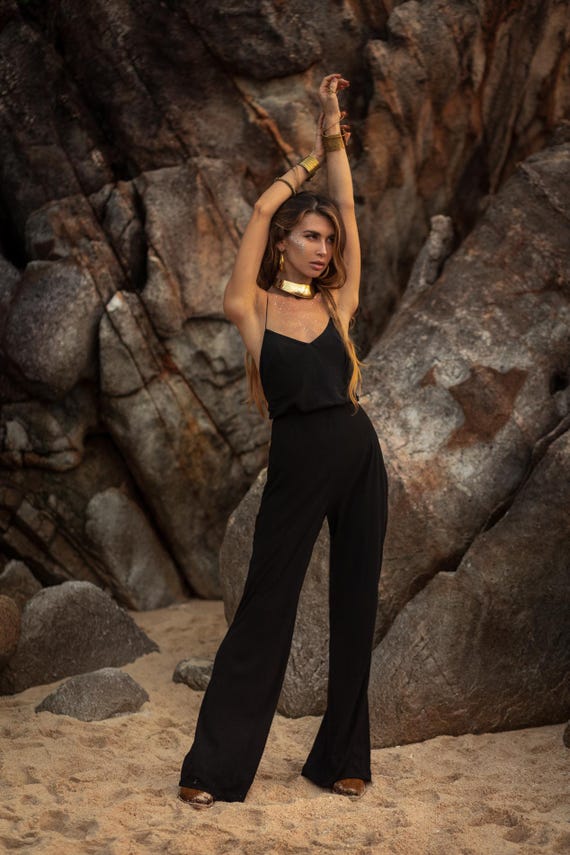 Women's Black Jumpsuit With Open Back – Adjustable Straps by