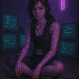 May include: Digital art of a person sitting cross-legged, surrounded by computer monitors. The person's skin is marked with glowing purple circuitry patterns. The scene is bathed in a purple hue, suggesting a futuristic or cyberpunk theme.
