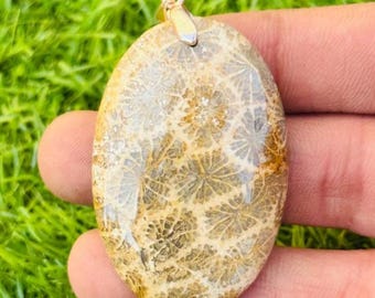 Natural Fossil Coral Pendant: Boho Crystal Necklace Charm Wedding Gift (45x28mm)
