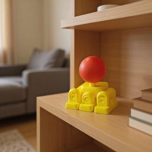 Puede incluir: Un juguete amarillo brillante con una bola roja encima. El juguete tiene una base cuadrada con tres formas rectangulares redondeadas. El juguete está sobre una estantería de madera.