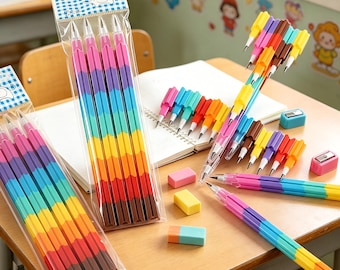Rainbow Stacking Block Pencils, No-Sharpening Mechanical Pencil Set, Cute Replaceable Lead Pencils, Class Rewards and Party Gifts