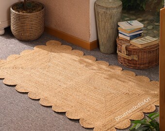 Handmade Scalloped Jute Rug, Boho Farmhouse Decor